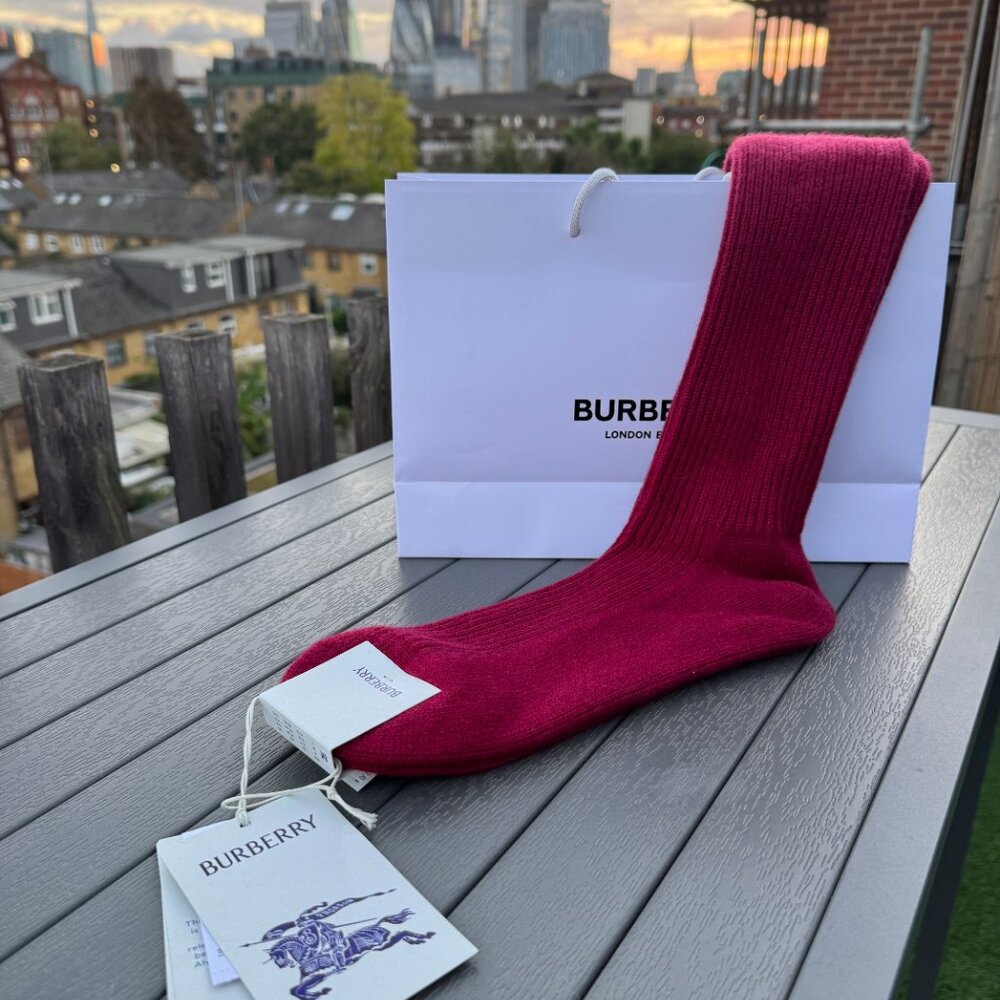 Brand New BURBERRY CASHMERE Embroidered Logo Ribbed Socks Maroon Red 8-10 $155